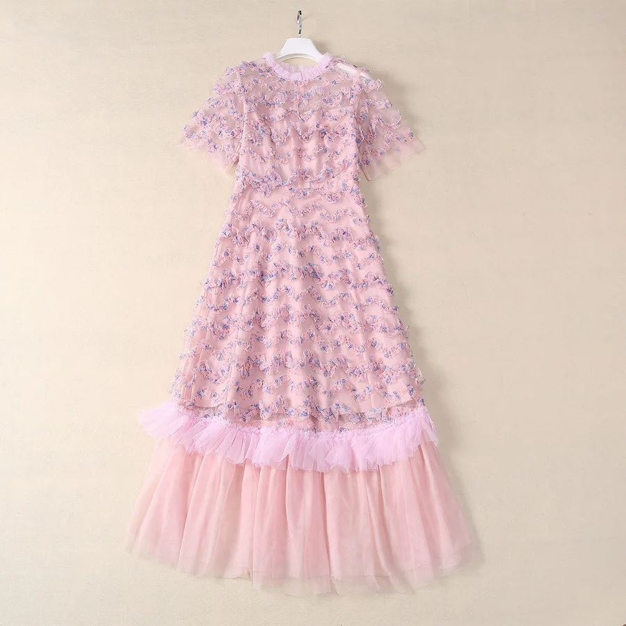 

European and American women's clothing new summer Stand collar Short-sleeved wooden ear print fashion Pink Fishtail dress XXL