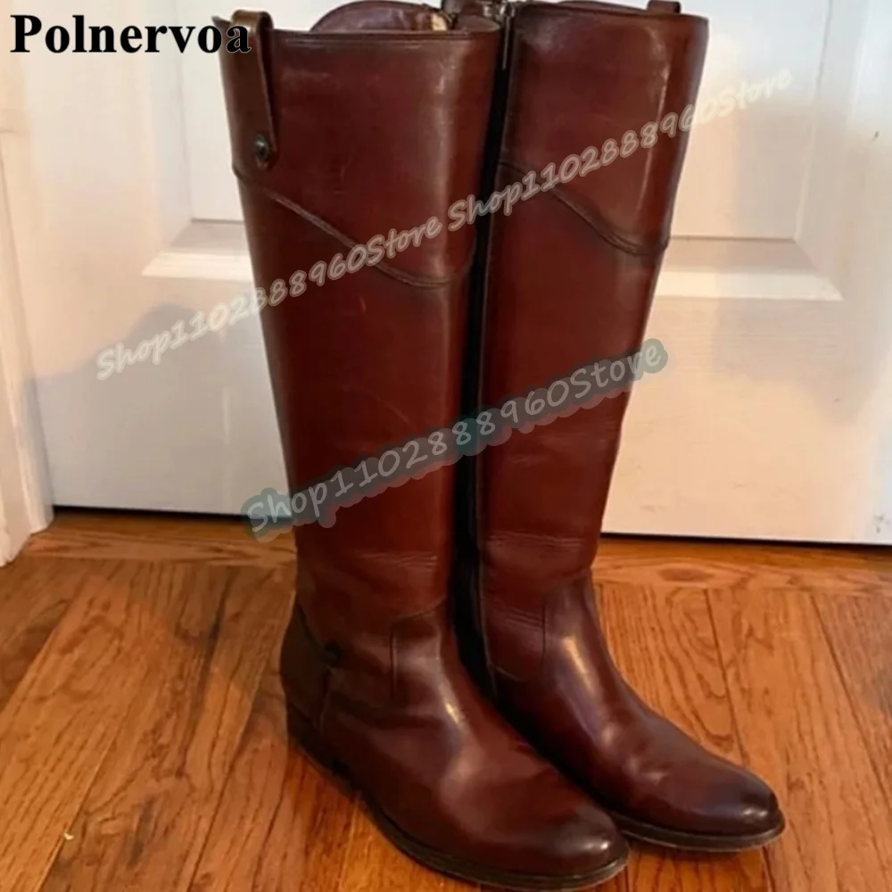 

Trendy Knee High Brown Leather Patchwork Knight Boots Flats Women Shoes Side Zipper Round Toe Fashion Casual Zapatos Para Mujer