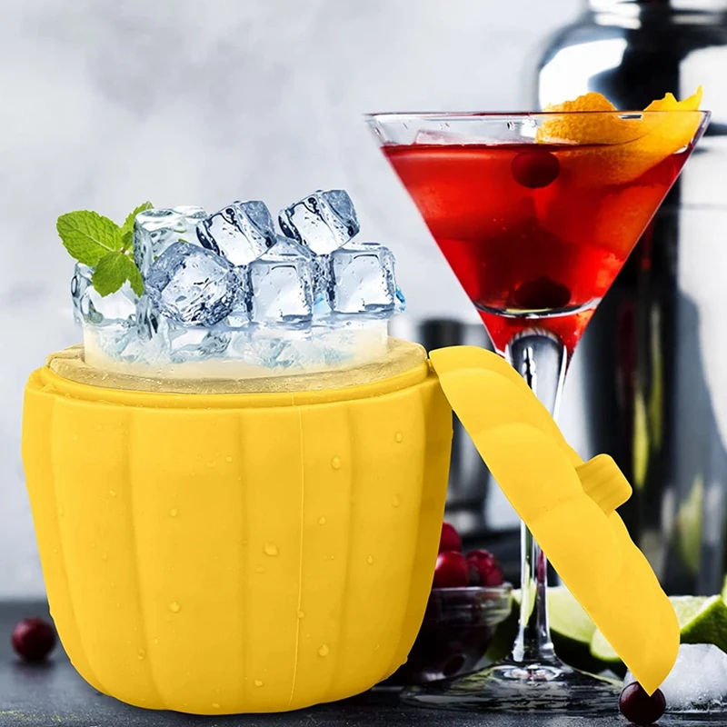 2PCS Silicone Ice Bucket Pumpkin Shaped Ice-Cube Maker Yellow Silica Gel With Lid Ice-Cube Mold Tray For Chilling Beer Drinks