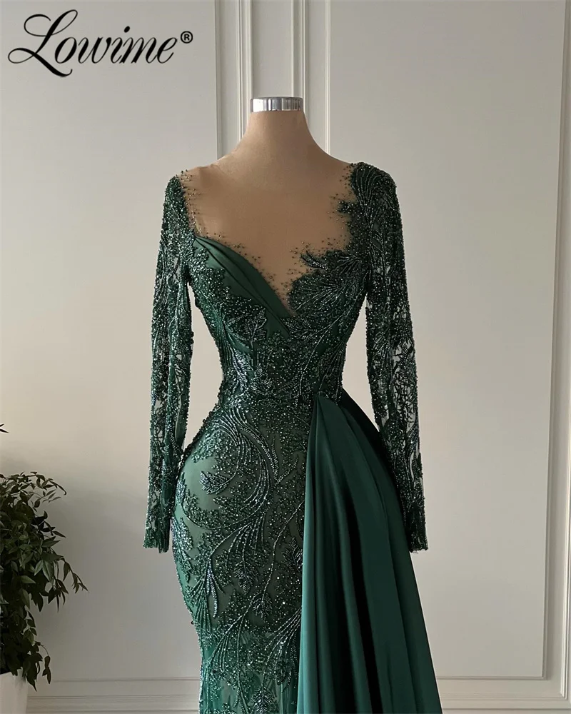 Green Sheer Neck Party Dress Long Sleeve Mermaid Prom Dresses With Side Train Crystals Arabic Evening Gowns Robe De Soiree 2024