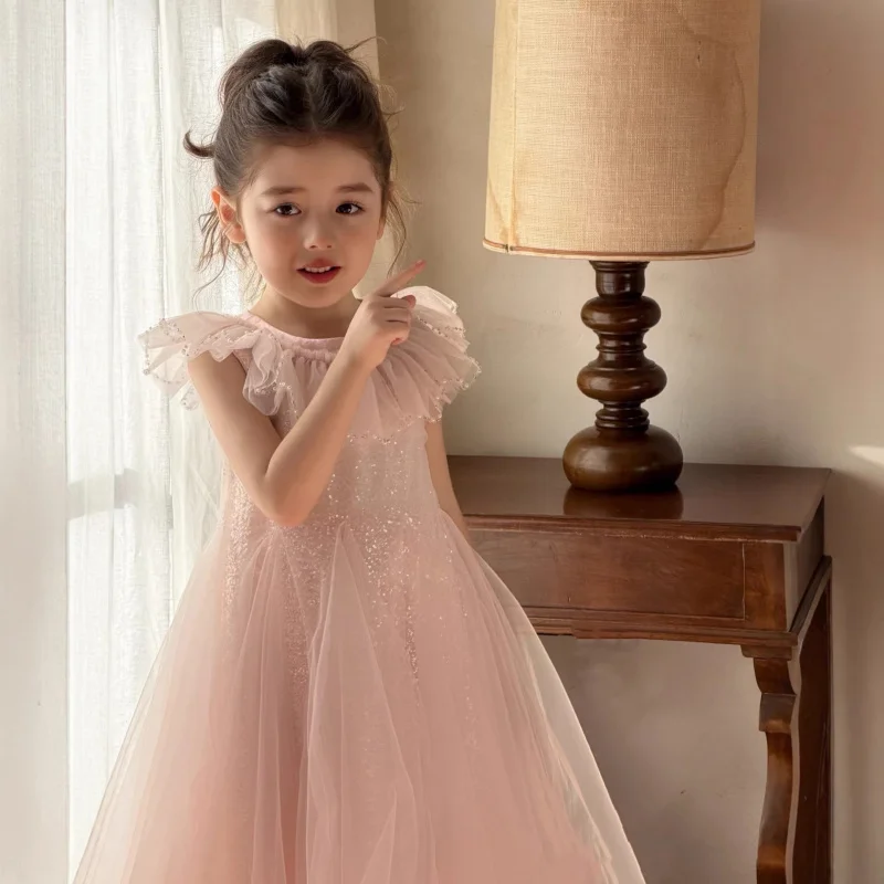 Girls' New Summer Luxury Sequin Little Flutter Sleeve Princess Dress Piano Performance