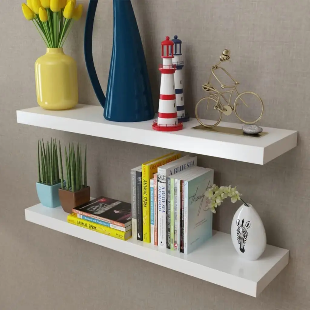 

2 White MDF Floating Shelves for Wall - Stylish Book & DVD Storage Solution