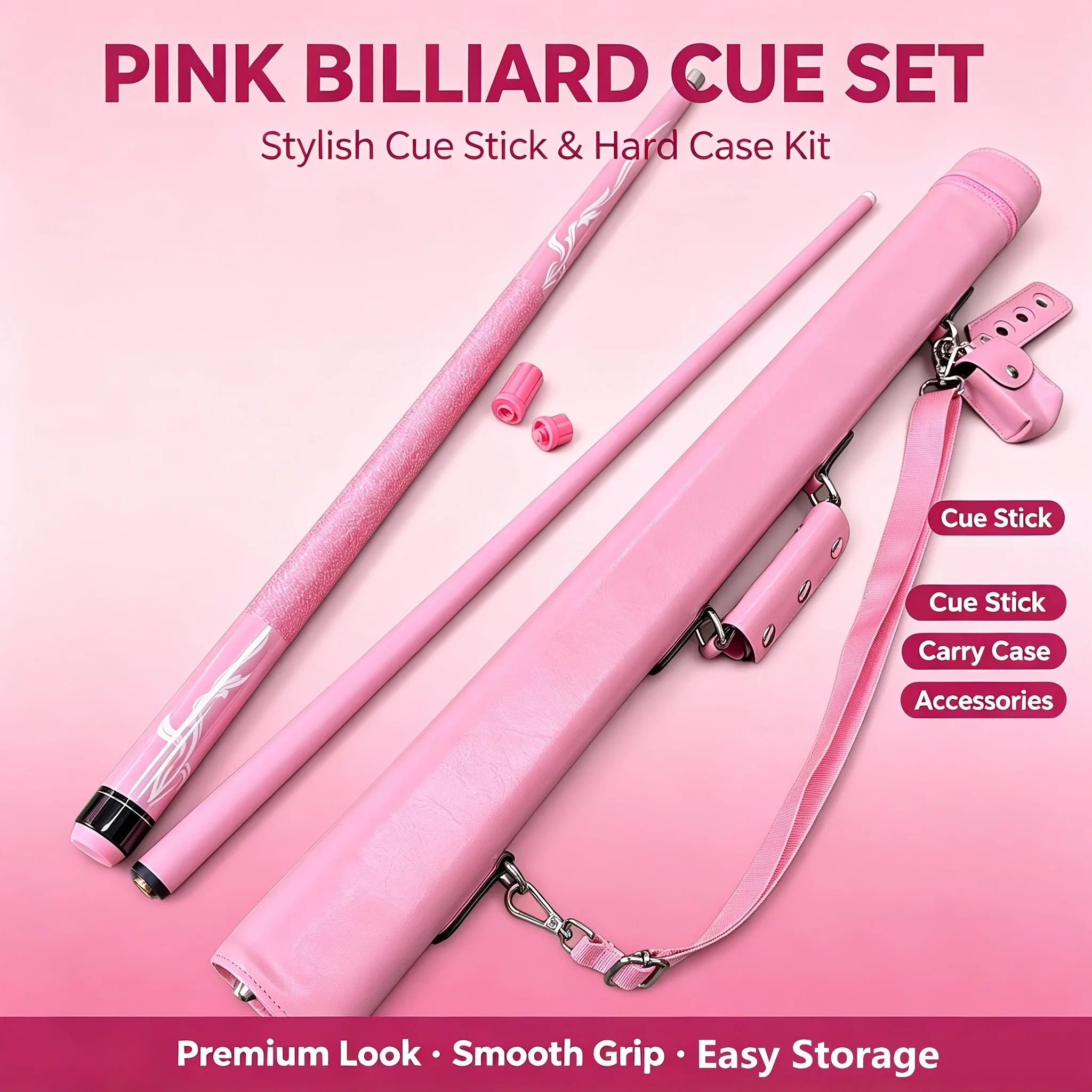 Stylish Pink Glass Fiber Pool Cue Set, 148cm(58.27in), 19Oz, 12mm Tip, Great Hitting Performance, Perfect Birthday & Valentine's