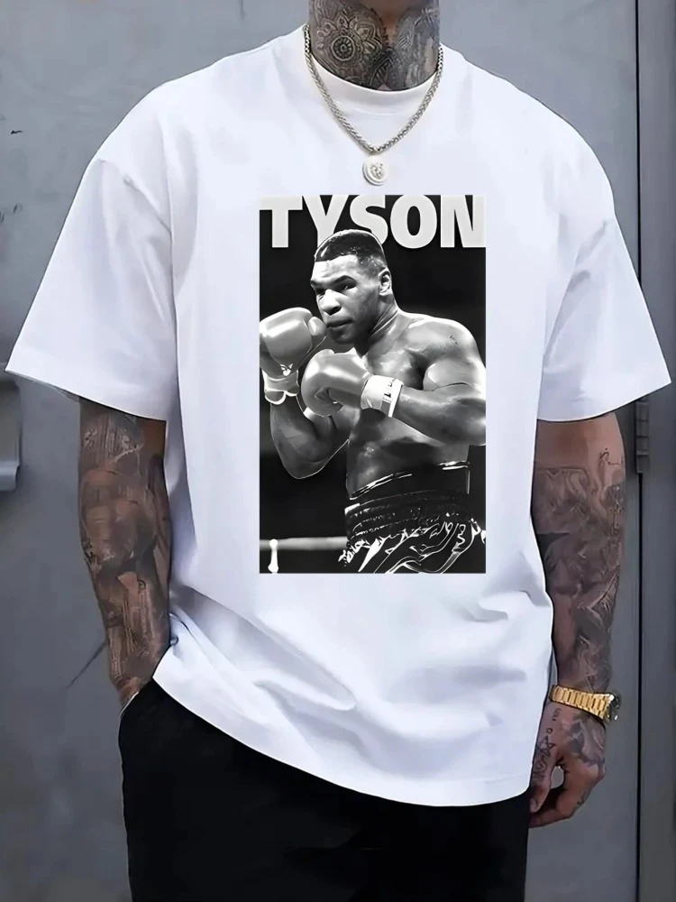 Men's 100% cotton boxing T-shirt with round neck and short sleeves-printed with the design of boxer mike tyson.