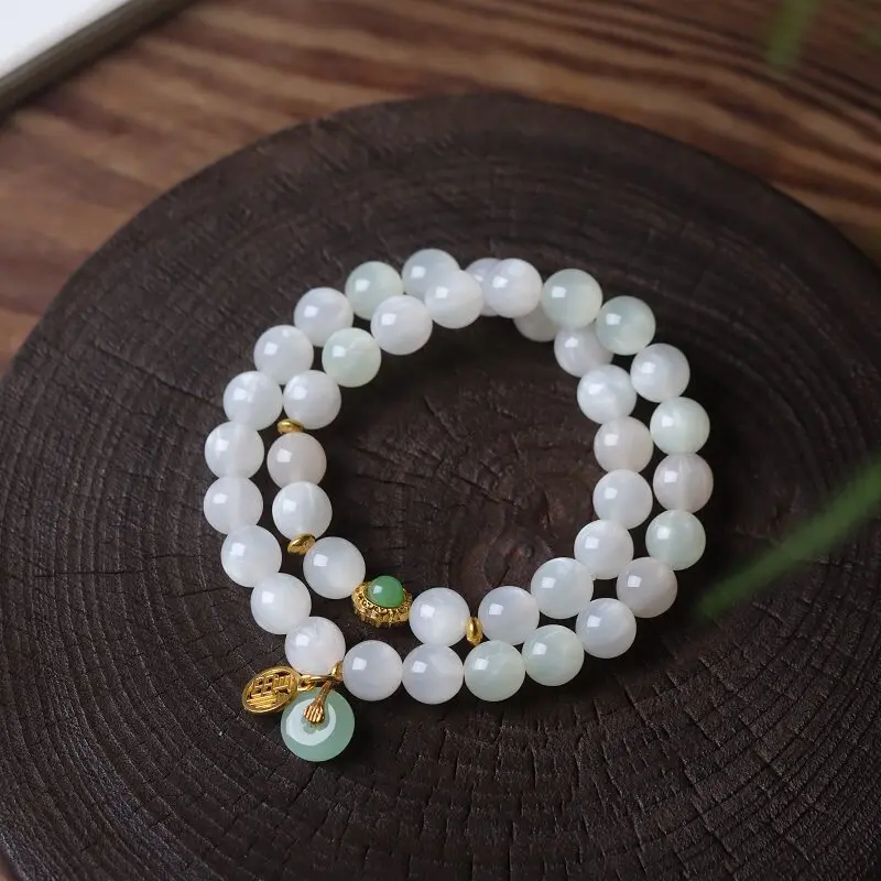 Double Layer White Jade Bodhi Bracelet with Sea Mica and Peace Buckle Pendant for Women Ideal for Bestie Gifts