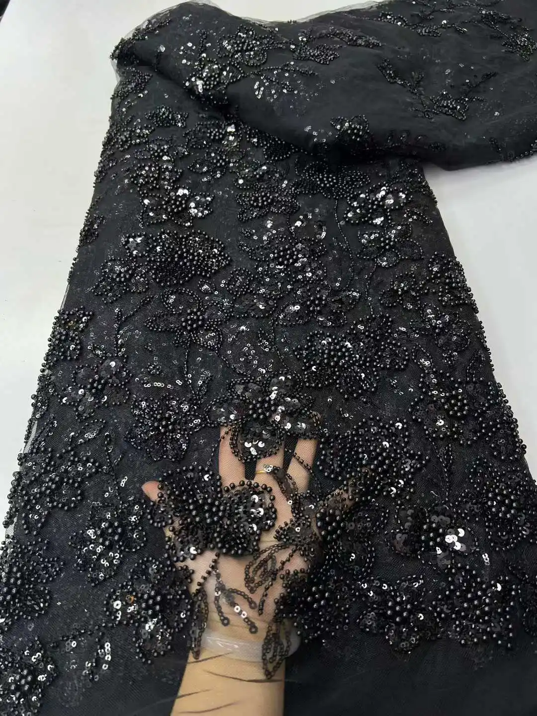 African 3D Flowers Sequin 2026 Latest Hot On Sale African French Party Lace Fabric Tulle Nigerian Beads Fabric For Wedding Dress