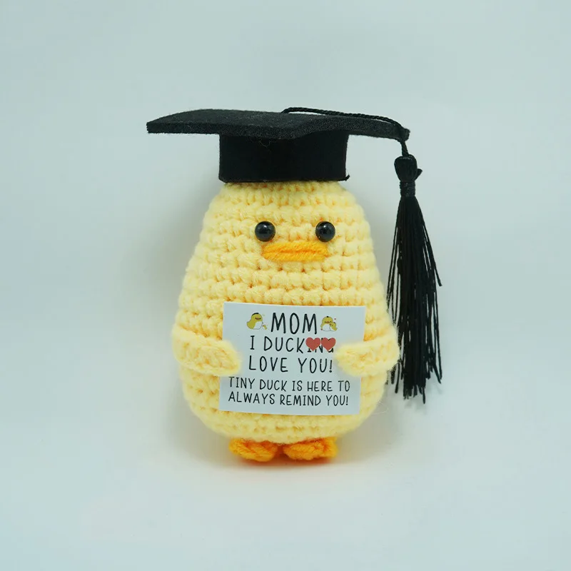 Funny Positive Crochet Dr Duck Doll Desktop Ornament Handmade Cheer Emotional Support Positive Potato with Card Home Party Decor