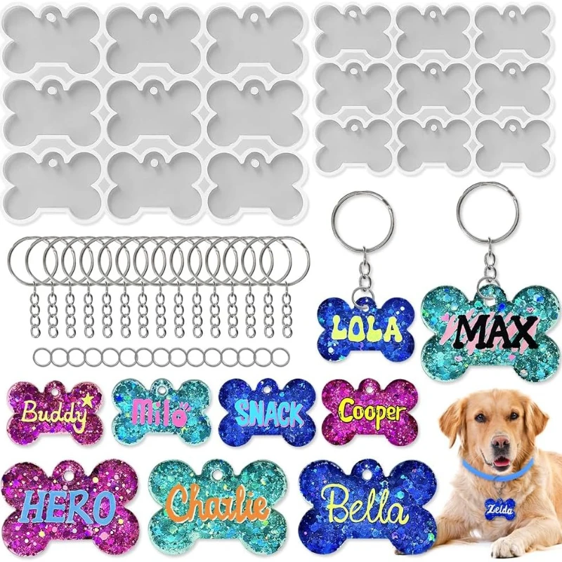 

9 Cavity Bone Silicone Mold for Resin Pet ID Tags & Keychain Pendants DIY Dog Bone Shape Craft Casting Mold for Custom Pet Tags