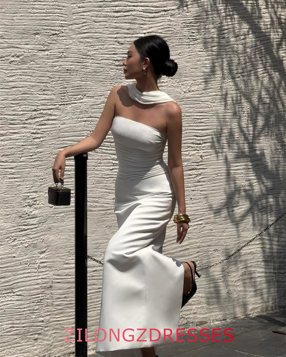 فستان سهرة فاخر من الساتان الأبيض مخصص، فساتين رائعة بدون حمالات بدون أكمام لحفلات العودة للوطن، فساتين مناسبة خاصة #2