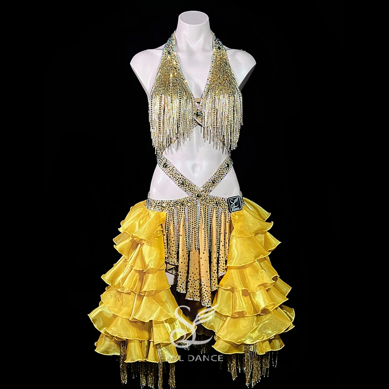 SYL желтые платья для латинских танцев с бахромой из бисера и каменной бахромой для соревнований, ритмическое танцевальное платье для женщин