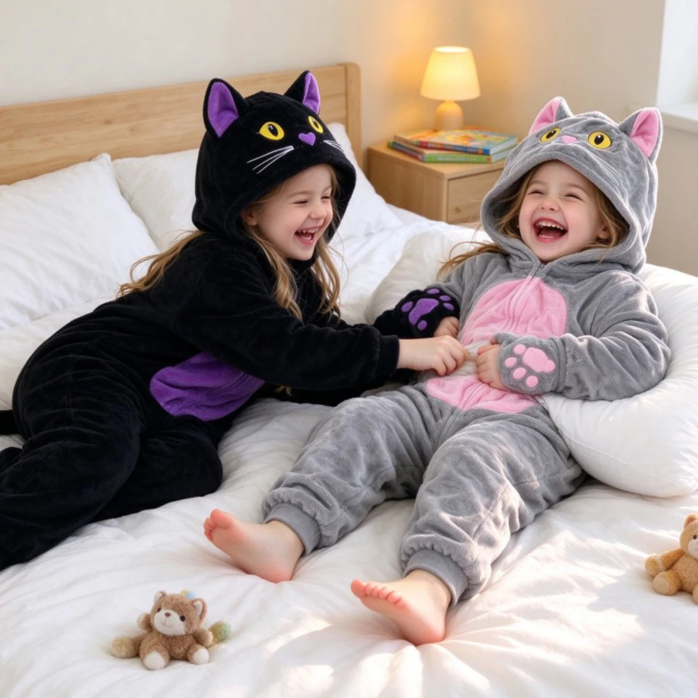 Kids Pajamas Onesies Winter Plush Warm Pijamas Boys Pyjamas Toddler Girls Nightwear Kigurumi Cat Leopard Costume Cute Cartoon Pj