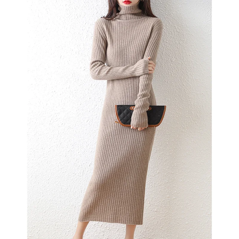 Autumn Winter High Elasticity 100% Wool Thicken Sweater Dress Warm Basic Knit Pullovers Women Slim Dress Female Casual Dresses