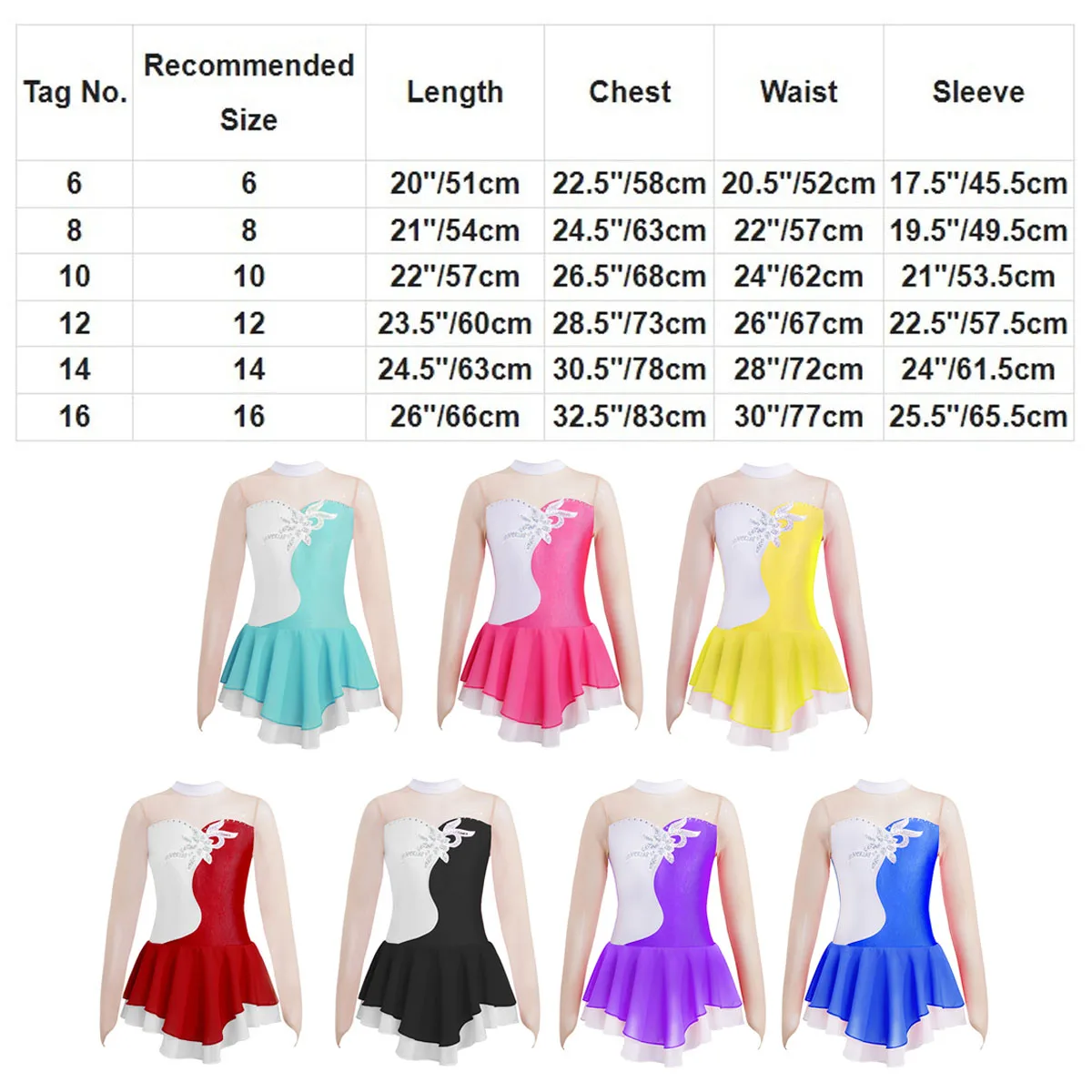 Figure Skating Dress Kids Girls Women Sparkly Tulle Ballerina Gymnastic Leotard Ballet Dress Long Sleeves Mock Neck