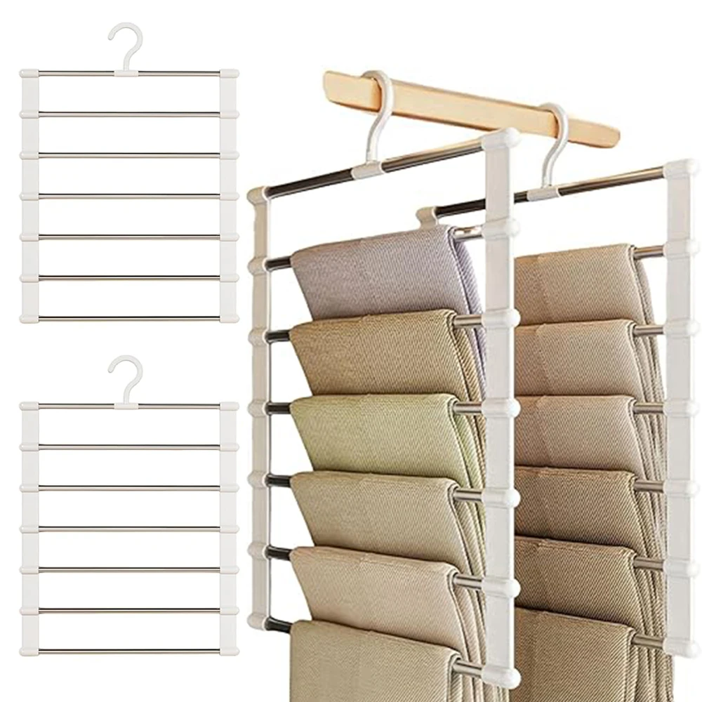 Pants Hangers Space Saving, 5/7 Layers Space Saving Hangers, Sturdy Stainless Steel Pant Rack with Anti-Slip Swing Arm