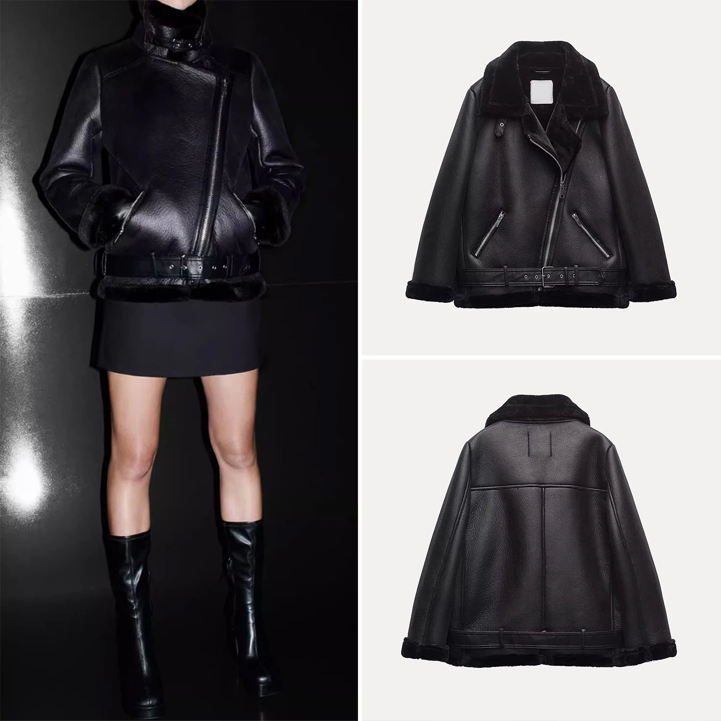 Z المرأة على الوجهين فارس Jaet معطف جلد دافئ الفراء تخفيف Sle فضفاضة تناسب طويلة Sve سستة كيت الخريف 2025