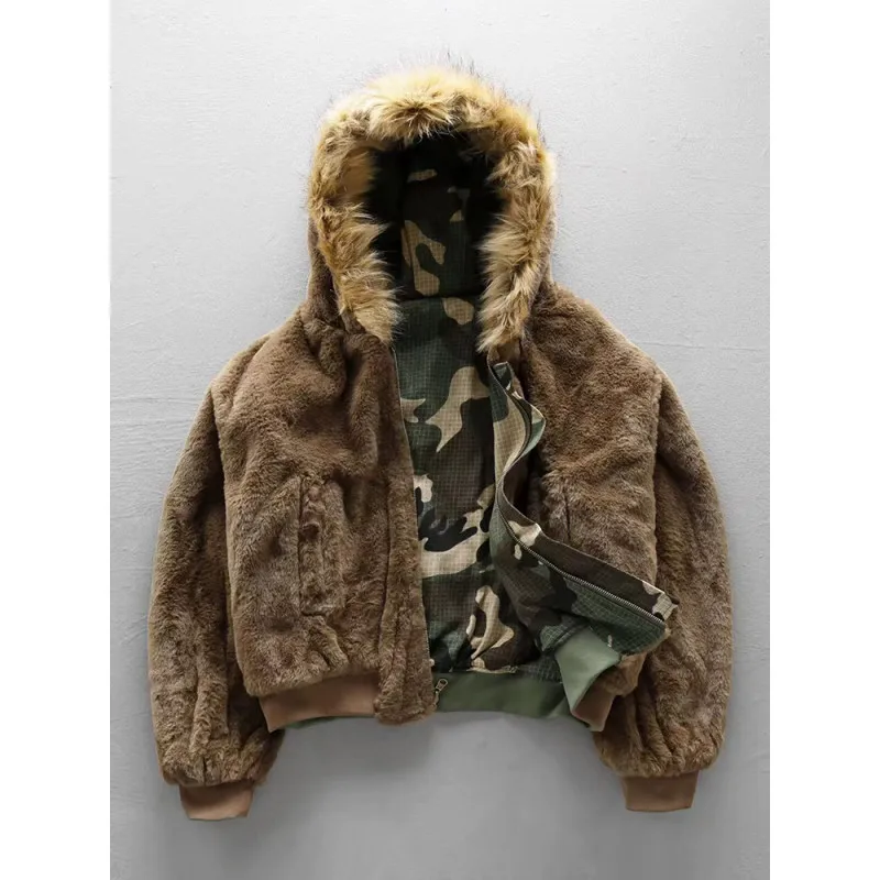 2026 New Men's Winter Camouflage Reversible Jacket Fleece-Lined Hooded Cotton Coat Warm Velvet Inner Thick Parka