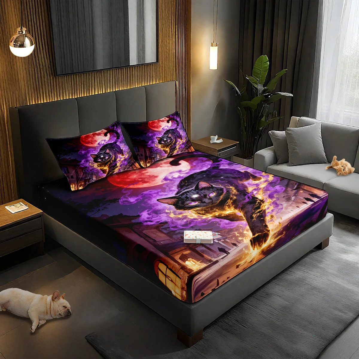Black Cat Moon Fitted Sheet Set, All-Season Decorative Mattress Cover, Animal Mattress Protector, 3-Piece Bedding Set (includes 1 fitted sheet + 2 pillowcases), 3-Piece Set, Large-Capacity Deep Pocket 2D Printed Fitted Sheet and 2 Pillowcases, Bedding Mattress Protector, Elastic-Fitted Style, Protective Cover, Mattress Protector, Suitable for All Seasons, Machine Washable Design, Holiday Decoration, Various Sizes, Breathable Protective Cover with Pillowcases
