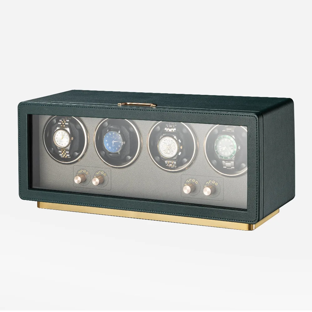 Luxury Auto-Stop LED 4 Watch Winder Personalized Green Black Leather Automatic Storage Box Premium Watch Display Case Protective