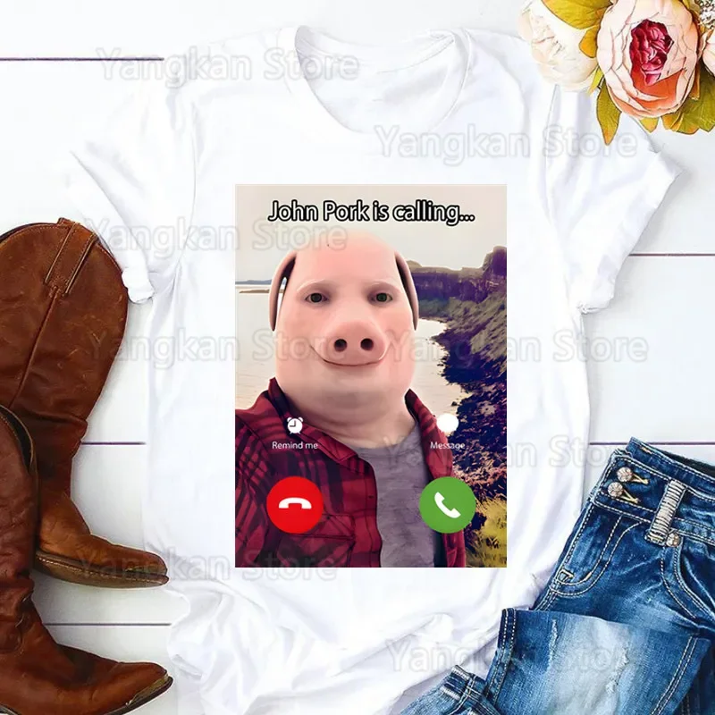 John Pork sta chiamando risposta alla chiamata Pig Meme T-shirt da donna Ragazza Harajuku T-shirt femminile con grafica Kawaii in stile coreano, Drop Ship