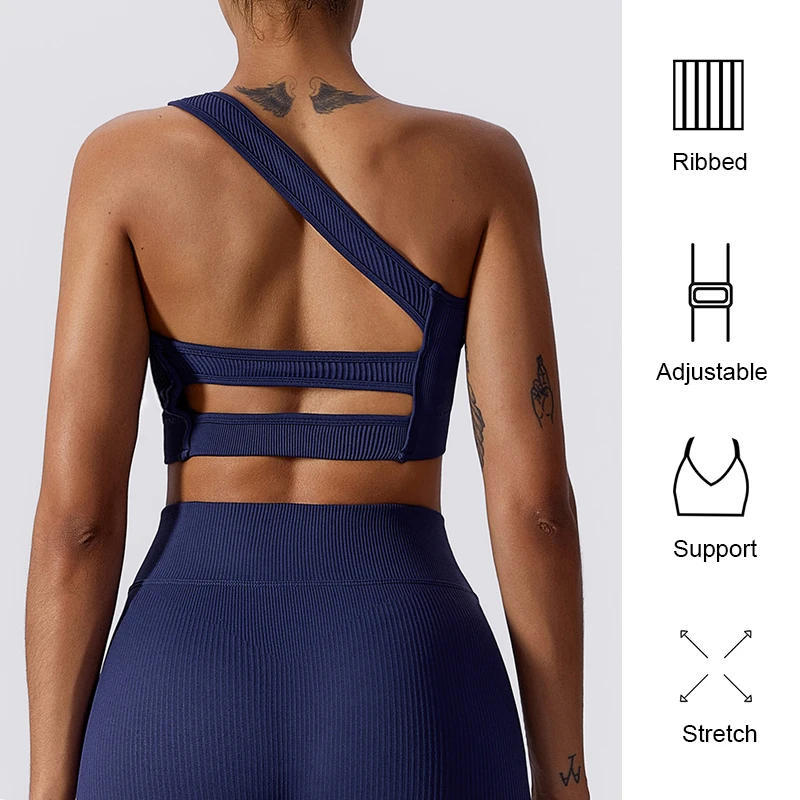 One Shoulder Cut Out Back Sports Bra Women Breathable Running Yoga Crop Top