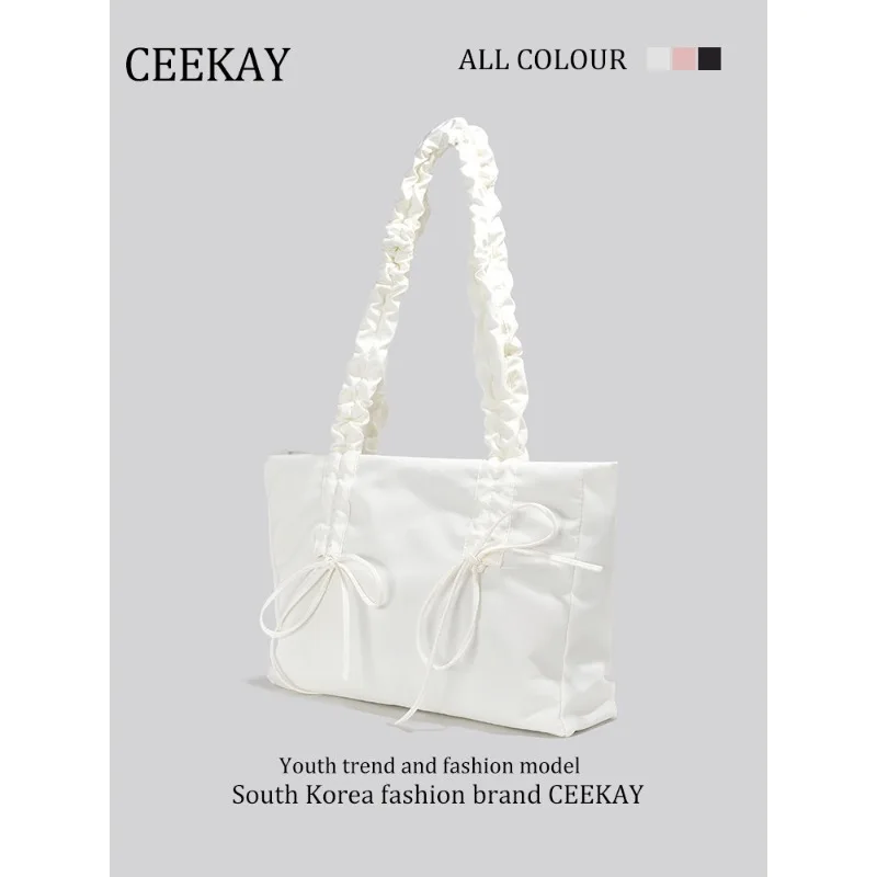 

2026 New CEEKAY Ruched Tote Bag, Nylon Shoulder Bag with Bow Decor, Large Capacity Handbag for Women Large Capacity Travel Bag