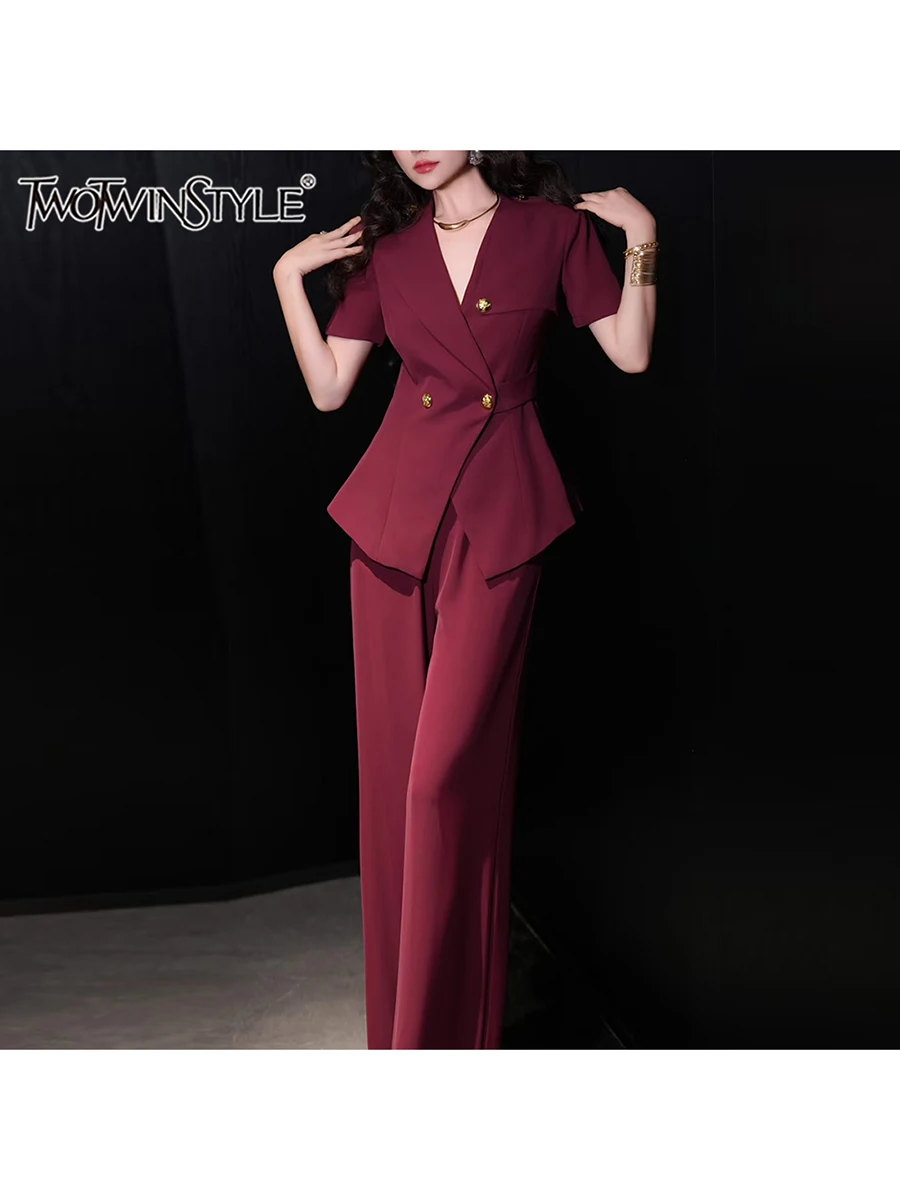 

TWOTWINSTYLE Solid Slimming Two Piece Sets for Women V Neck Short Sleeves Spliced Button Top High Waist Pant Elegant Set Female