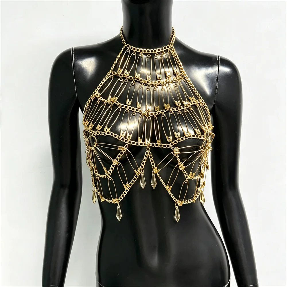 Sexy Gold Safety Pin Chain Halter Tank Top Body Jewelry for Women Rave Festival Stage Performance Sparkly Crystal Crop Top Camis