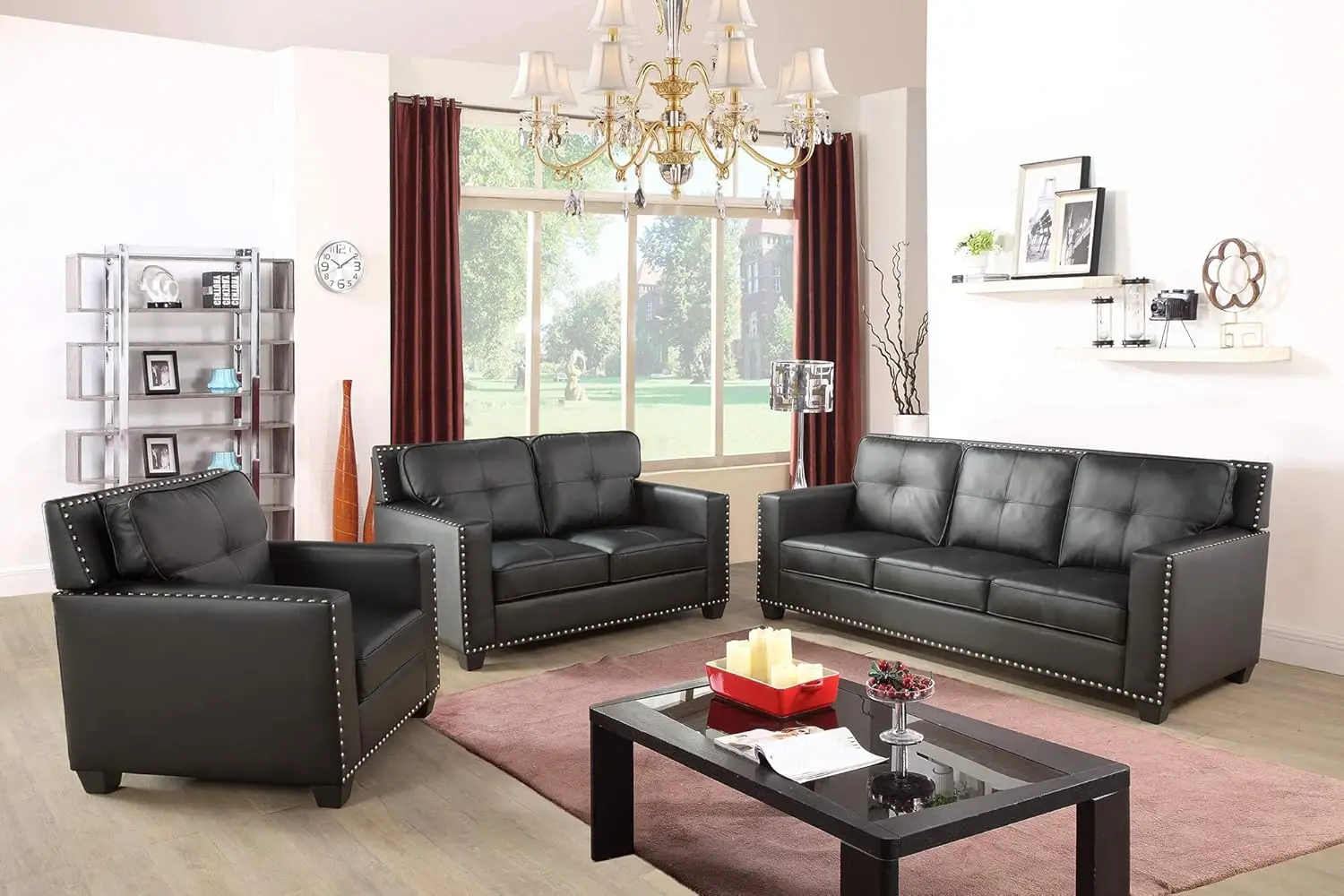 

3 PCS Faux Leather Sofa Couch Set, Black Living Room Set with Sofa, Loveseat and Chair