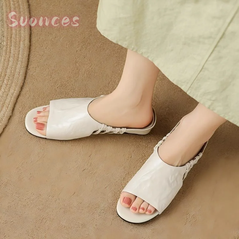 Slip On Flat Slide Slippers Soft Crinkled Leather Upper Side Hand Tied Cutout Strap Lightweight Casual Open Toe Footwear