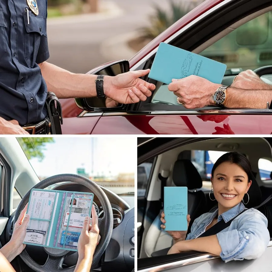 女性男性用車登録証・保険証ホルダー ブルー グローブボックス書類オーガナイザー マグネットバックル付きで簡単アクセス