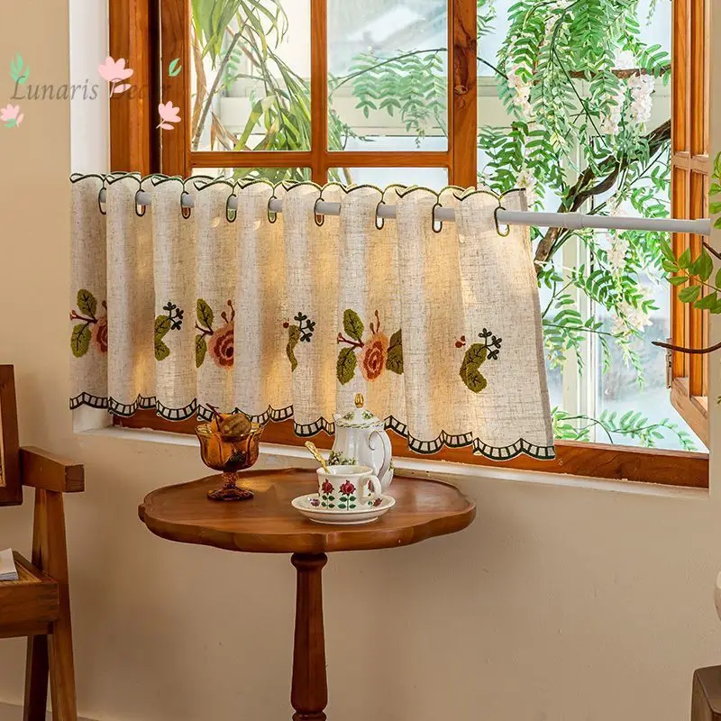 Three-dimensional rose embroidered coffee curtain, half curtain, short curtain, free of punching, finished product, kitchen bay