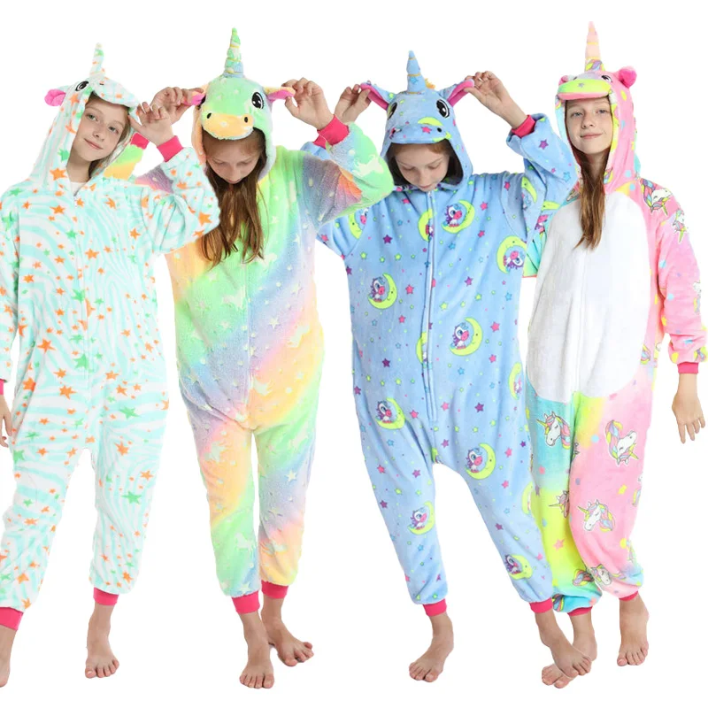 

Long Sleeve Hooded Rainbow Sleepwear Kigurumi Kids Homewear Winter Unisex Pajamas Thicken Casual Nightgowns Onesies Loungewear