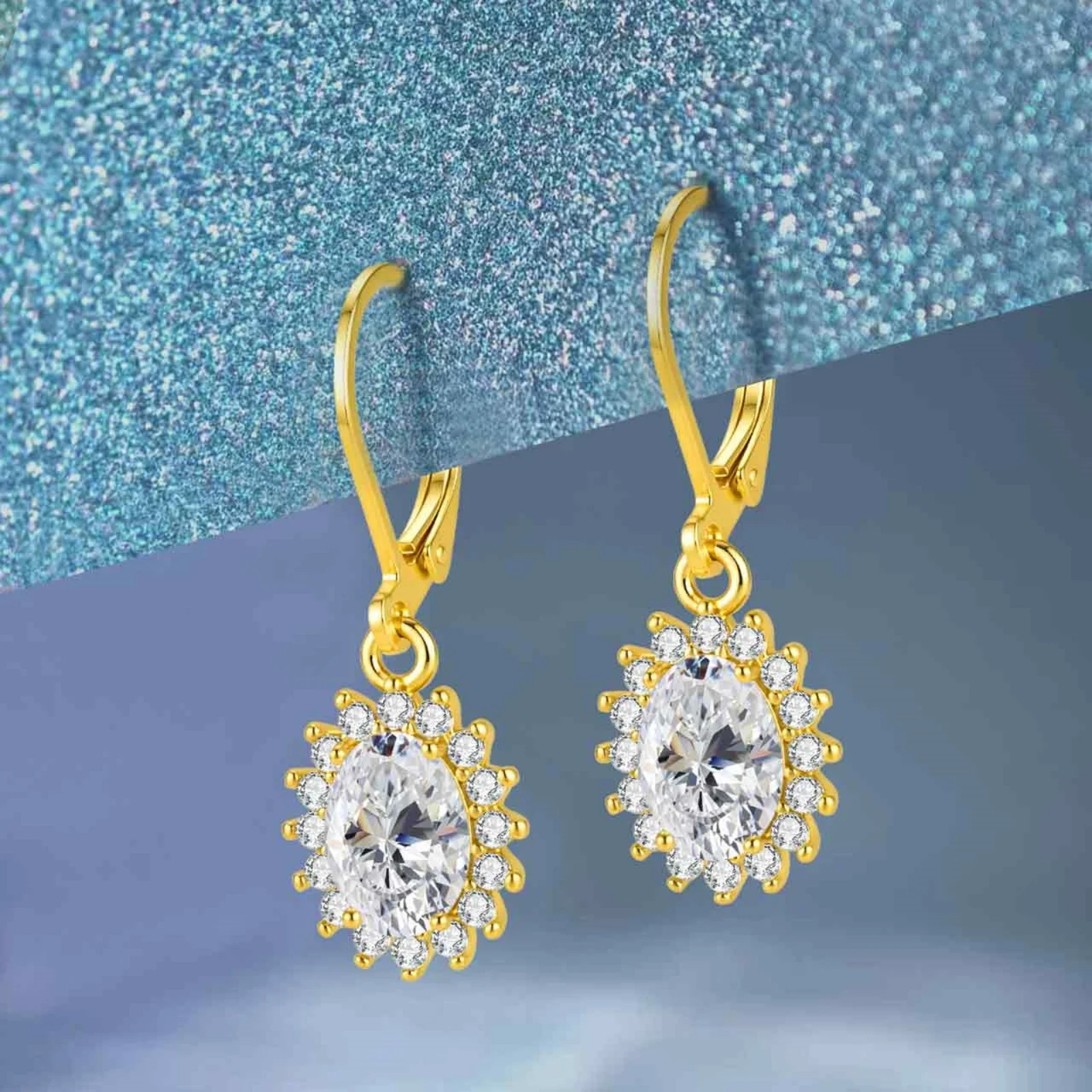 LAMVOICE Gold Oval AAAAA+ Zircon Halo Leverback Dangle Earrings,Hypoallergenic Anti‑Tarnish Women Party Jewelry
