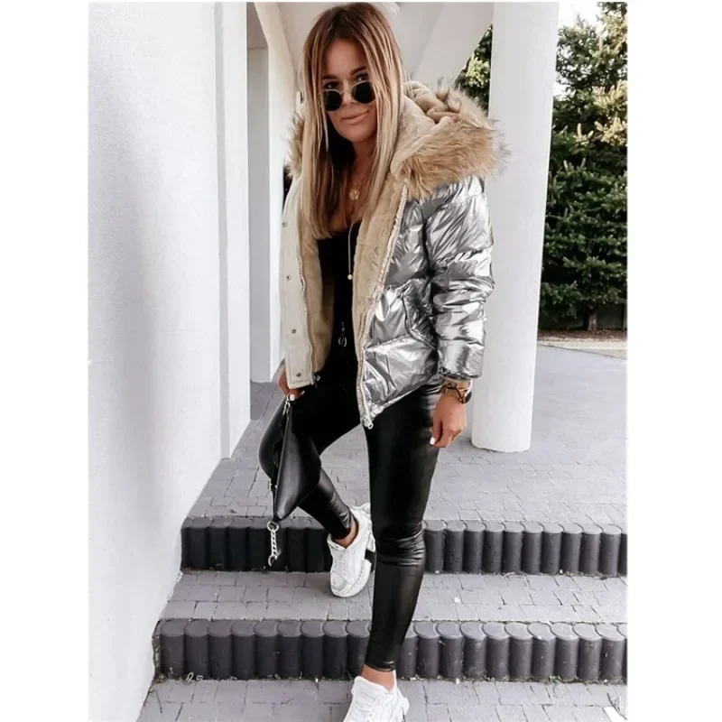 Womens Parkas Winter Hooded Loose Fitting Short Cotton Jacket Solid Color Fashionable Warm Zippered Cotton Jacket for Women