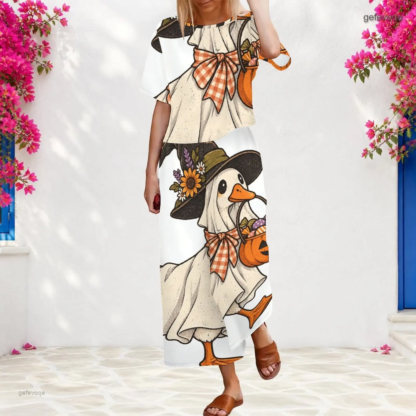 Women Retro Cartoon Cowboy Ghost Pumpkin Printed Short Sleeve Top Wide Leg Pants Two Piece Set