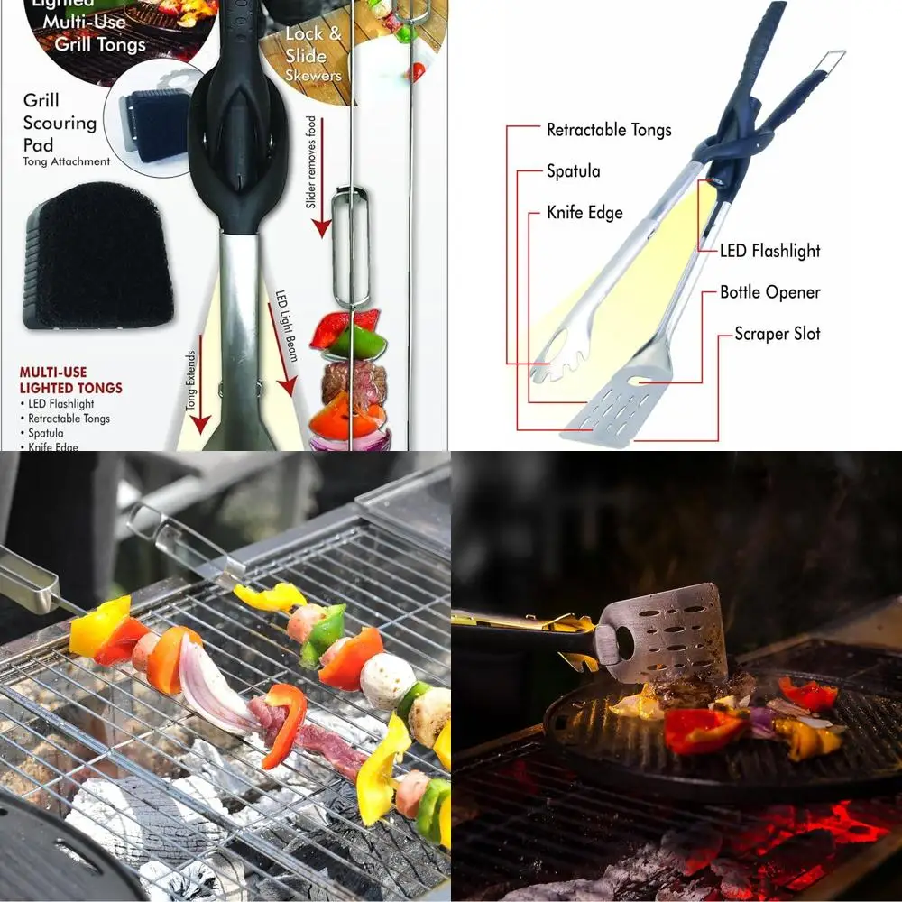 

6-in-1 Premium Grill Kit: Industrial-Grade with LED Light, Spatula, Tongs, Knife, Scraper, Skewers, and Bottle Opener