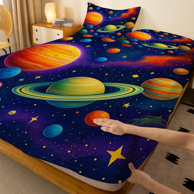 Customize 1pc Twinkling Galaxy Planet Orbit Pattern Fitted Sheet, Single Deep Pocket Fitted Sheet, No Pillowcase, Soft Wash Fabr