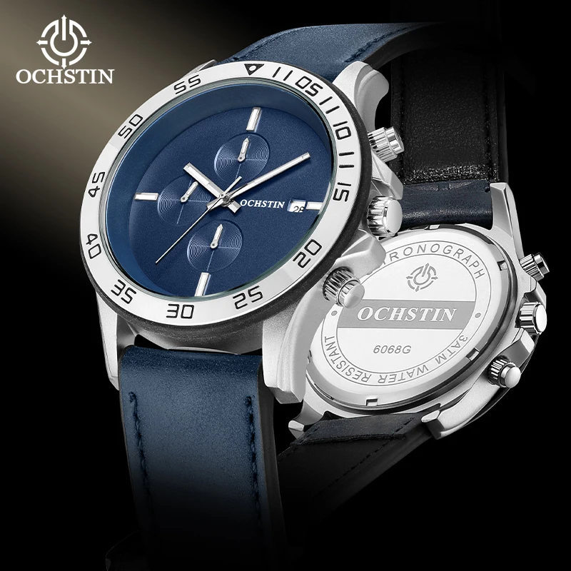 OCHSTIN Men‘s Genuine Leather Strap Watch Multifunctional Quartz Movement Watches Man Fashion Chronograph Luminous Hands Clock
