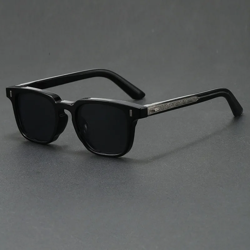 Japanese Handmade Retro Square Acetate Sunglasses Unisex Small Frame Engraved Metal Temple UV Protection Outdoor Driving Fashion