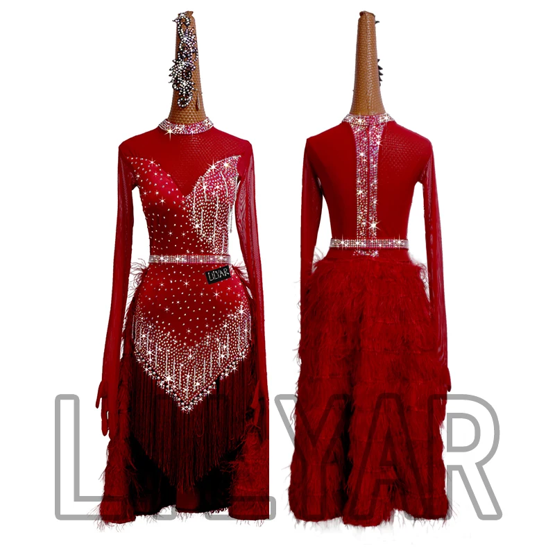 

New Latin Competition Performance Adult Custom Red Feather Diamond Dance Dress