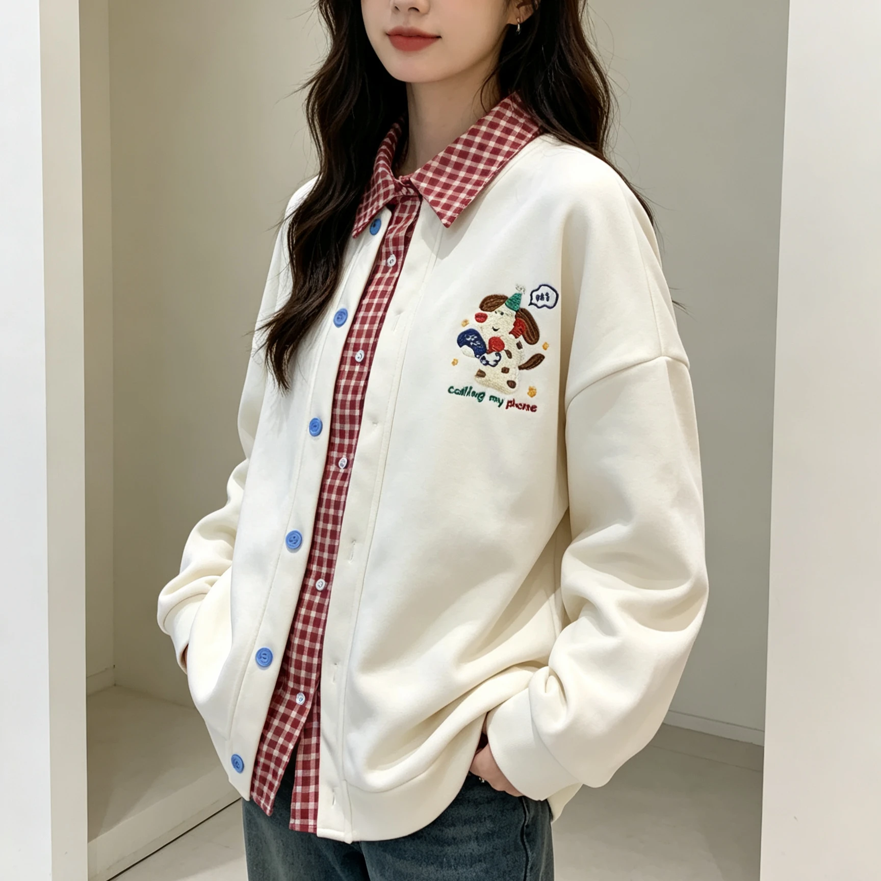 Campus Sweet Oversized Button‑Up Sweatshirt Cardigan Gingham Plaid Collar Placket Cartoon Dog Embroidery Loose Preppy Outerwear