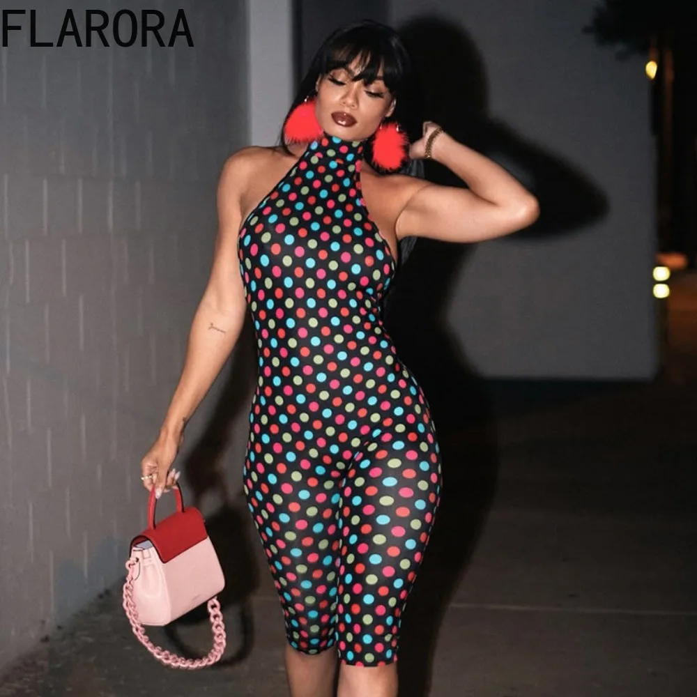 

FLARORA Vintage Color Dot Printing Jumpsuits Woman Sexy Halter Sleeveless Backless Skinny Jumpsuits Hottie Streetwear Overalls