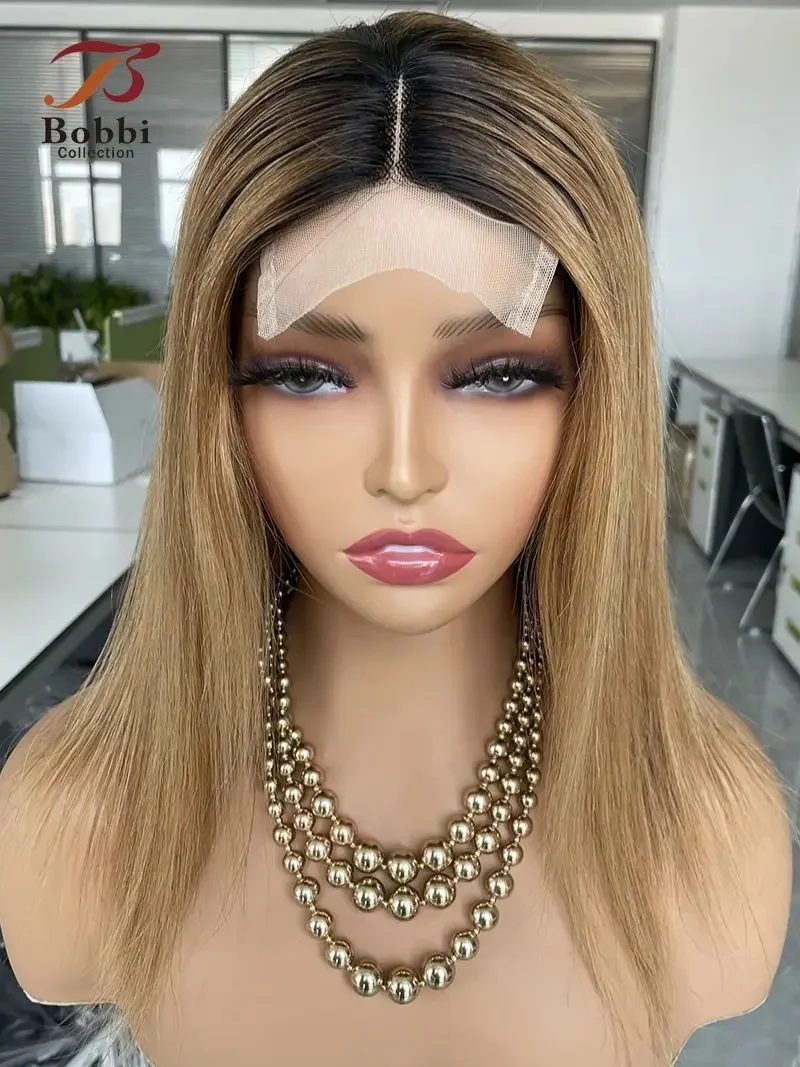 Middle Part Lace Front Wig Straight Human Hair Ombre Honey Blonde 4x1 T Lace Transparent Lace Closure Short Wigs Bobbi