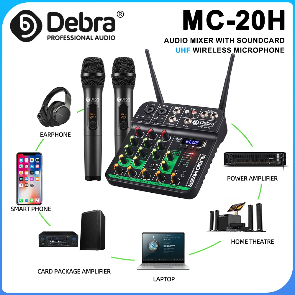 Debra DJ Console Mixer audio UHF con scheda audio Microfono wireless 5V Bluetooth 5.0 per Karaoke, performance dal vivo