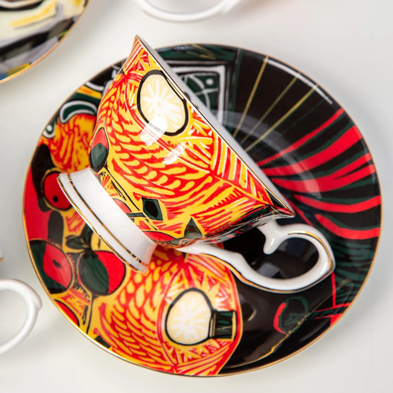 Elegant Handmade Ceramic Coffee Mug Cup and Saucer Set with Exquisite Pablo Picasso Still Life Design, Perfect for Tea and Coffe