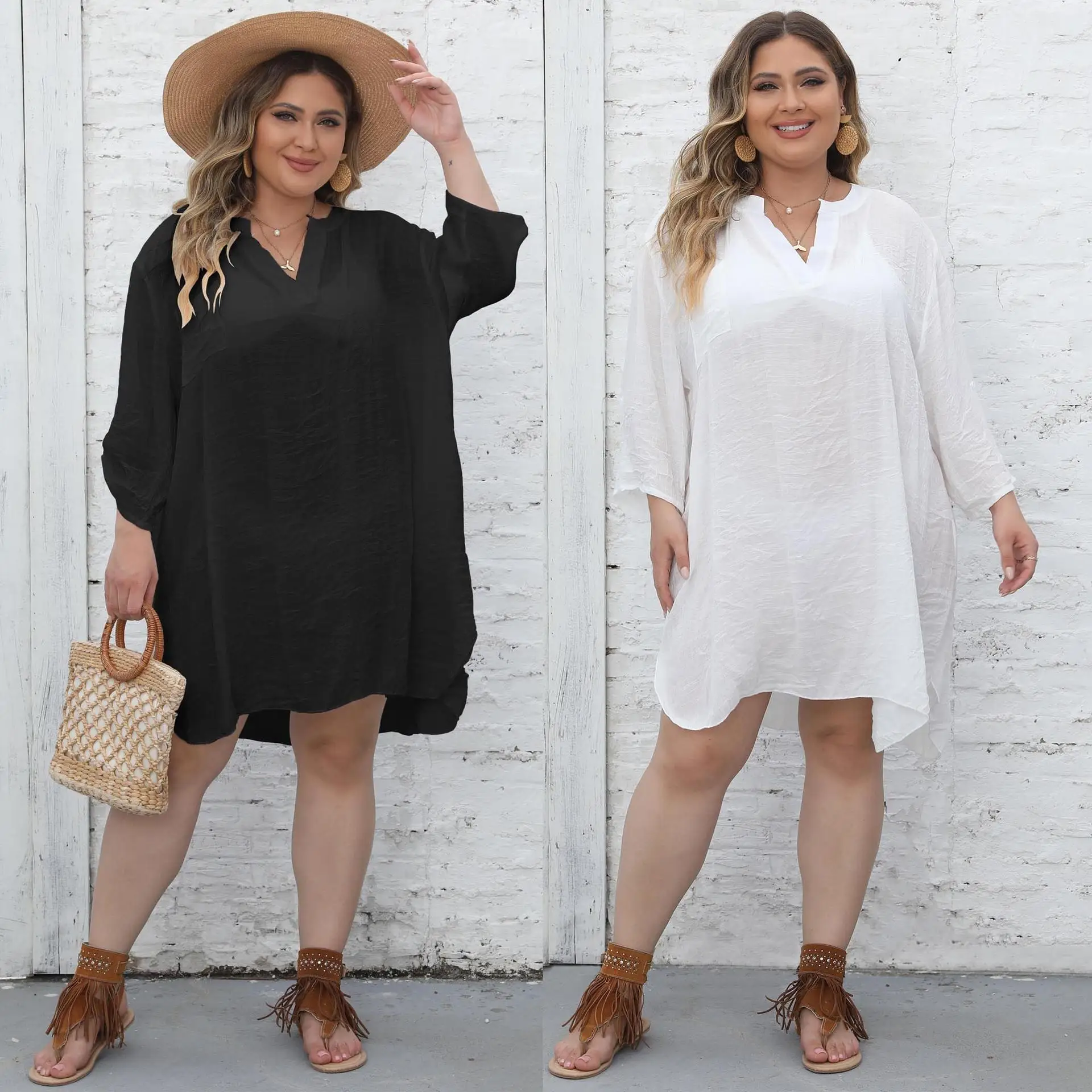 

plus Size Women's Shirt Beach Bikini Cover up Deep V Neck A-Line Dress City Walk Short Skirt Seven Sleeve Zipper Side Opening