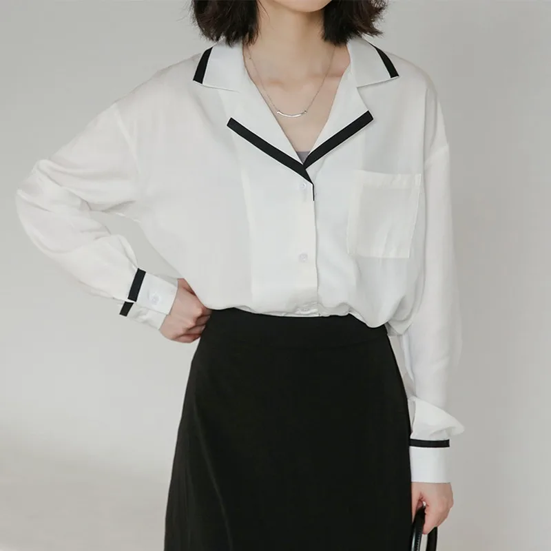 2023 Women Sweet Turn-down Collar Shirts Long Sleeve Patchwork T-shirt Korean Elegant Tshirts Woman New Autumn Casual Tops