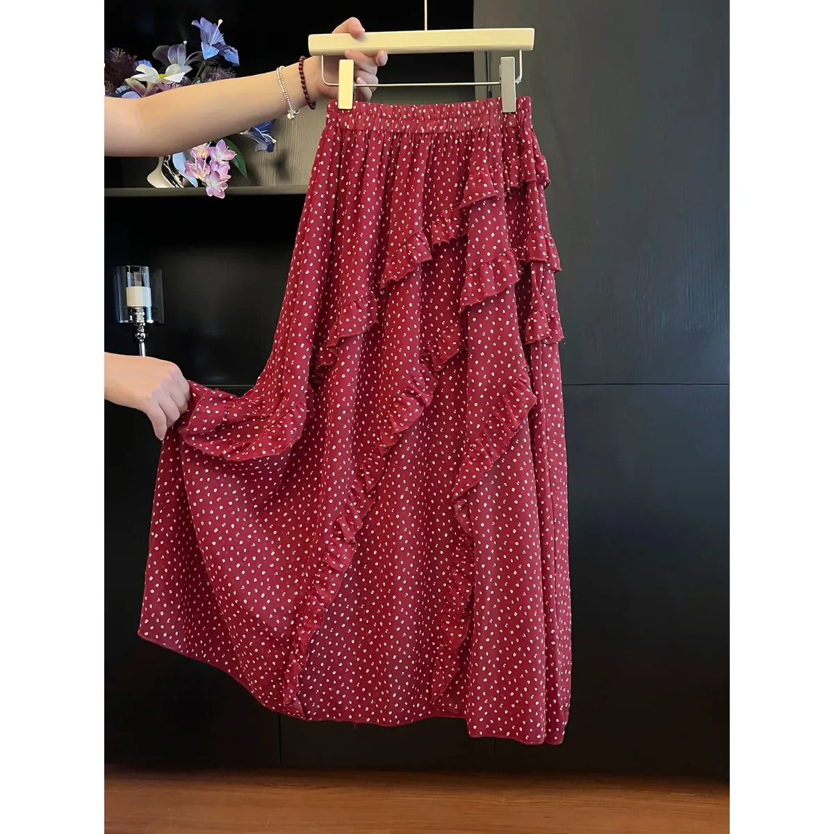 

Red Polka Dot Chiffon Skirt Elastic Waist Asymmetrical Slit Long Dress Vintage Holiday Style Women's High Waist Skirt