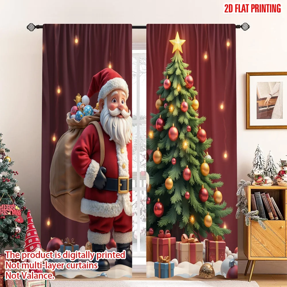 

2pcs 2D flat printing Christmas Curtain Santa Claus Christmas Tree Gifts_k Polyester Fabric Without Electricity Festive Holiday