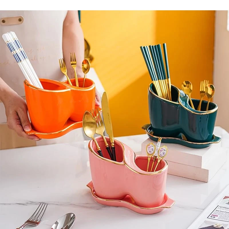 Ceramic Tableware Knife Fork Spoon Storage Home Kitchen Drain Cage Chopsticks Tube Box Rack